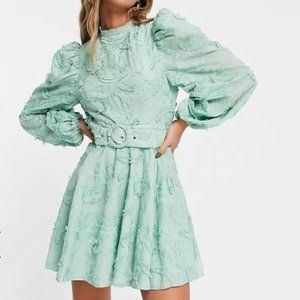 *NWT* ASOS DESIGN belted mini skater dress in textured jacquard in sage green